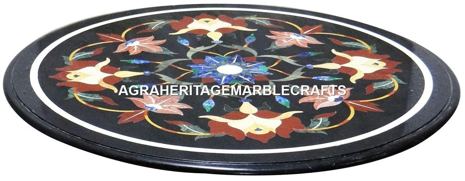 Black Marble Round Table Top Handmade Mosaic Inlaid Art Home Decorative H2969
