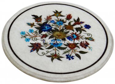 White Marble Round Coffee Table Top Marquetry Inlaid Floral Garden Decor H2975