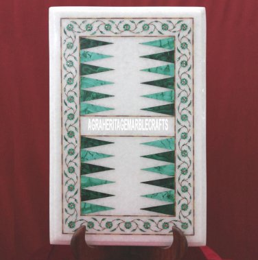White Marble Malachite Backgammon Table Top Pietradura Art Inlay Decor H3690