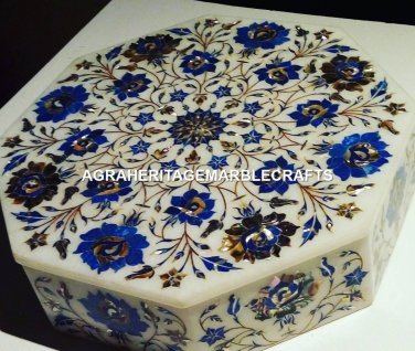 8" Marble Jewelry Storage Box Lapis Inlay Floral Precious Stone Gift Decor M061