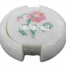 White Marble Tea Coaster Set Pink Floral Art Semi Precious Stone Inlay Art Decor