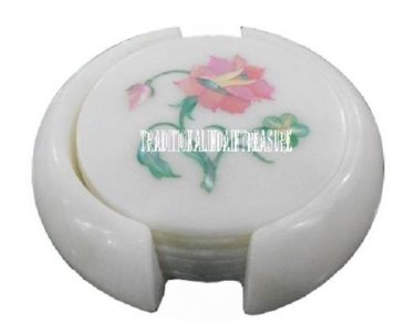 White Marble Tea Coaster Set Pink Floral Art Semi Precious Stone Inlay Art Decor