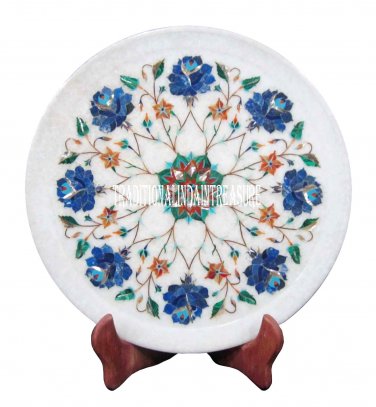 12" Marble Round Plate Real Lapis Stone Mosaic Work Inlay Christmas Gifts Decor