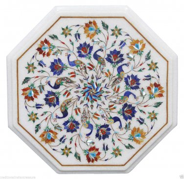 12" White Marble Coffee Table Top Rare Marquetry Lapis Gems Inlay Arts Decor