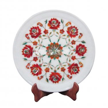 12" Marble Round Serving Plate Carnelian Floral Work Marquetry Inlaid Art Gifts