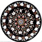 3' Black Marble Dining Table Top Inlaid Stone Ancient Floral Art Occasion Decor