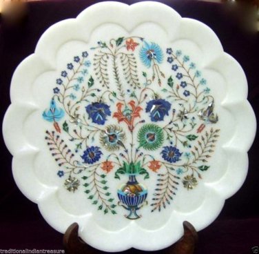 White Marble Serving Round Tray Plate Real Stone Inlay Marquetry Art Table Decor