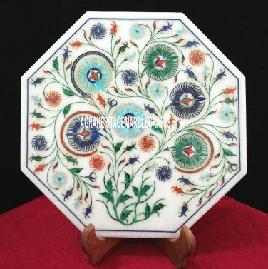 12'' White Marble Tiles/Plate Gemstone Malachite Inlay Kitchen Table Decor H3712