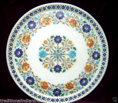 White Marble Round Serving Dish Plate Marquetry Lapis Gems Inlay Kitchen Decor
