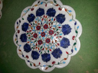 15" Lapis Lazuli Turquoise Marble Plate Inlaid Floral Semi Design Kitchen Decor