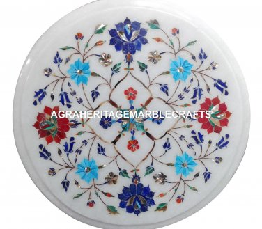 White Marble Coffee Table Top Lapis Marquetry Special Outdoor Decorations H2501
