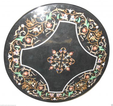 36" Black Dining Room Marble Top Tables Semi Precious Gemstone Mosaic Art Decor