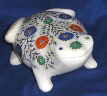 Marble Lapis Frog sculpture Decor Home Handmade Pietra dura Design Inlay Floral