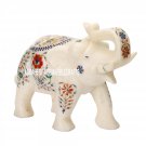 White Marble Elephant Statue Marquetry Floral Inlay Decorative Gift Arts H3545