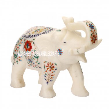 White Marble Elephant Statue Marquetry Floral Inlay Decorative Gift Arts H3545