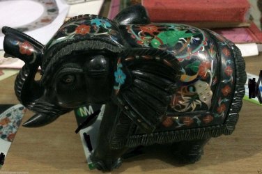 4" Black Marble Elephant Peacock Parrot Pietradure Mosaic Gifts Decor Inlay Art
