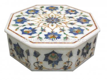 Decorative White Marble Jewelry Box Lapis Lazuli Handmade Pietra Home Dura H1887