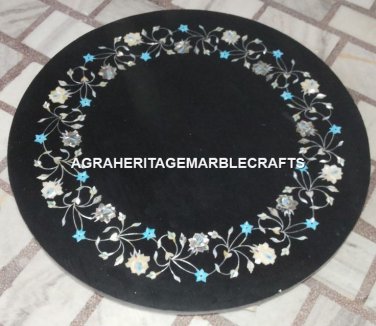Black Marble Round Coffee Hallway Table Top Mother of Pearl Inlay Decor H4400