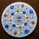 White Round Marble Coffee Center Table Top Lapis Inlay Arts Outdoor Decor H4509