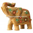 12" Marble Trunk up Elephant Sculpture Marquetry Inlay Home Decor Best Gift M259
