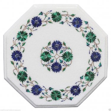 12" White Marble Center Table Top Lapis Stone Pietradura Inlay Art Garden Decor
