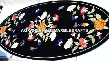 Black Marble Hallway Dining Top Table Marquetry Stunning Inlay Art Decor H4571
