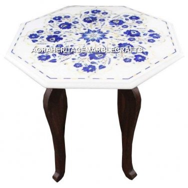 White Marble Coffee Marquetry Table Top With Stand Lapis Inlay Patio Decor H3048