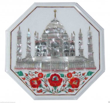 18" White Marble Coffee Table Top Taj Mahal Hakik Pietra Dura With Stand New Art
