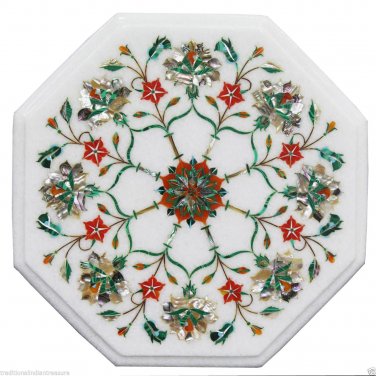 12" White Marble Coffee Table Top Semi Precious Gems Mosaic Inlay Furniture Art