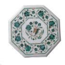 12" White Marble Top Table Handmade Pietra Dura Malachite Side Table Parrot Art