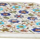 White Marble Side Table Top Lapis Floral Stone Marquetry Mosaic Inlay Deco H2986