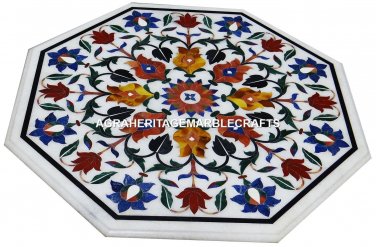 White Marble Center Table Top Lapis Marquetry Floral Inlaid Mosaic Decor H2981