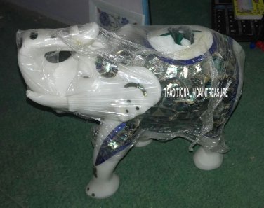 8" White Marble Elephant Trunk Up Rare Pietradure Art Inlay Work Sculpture Gift