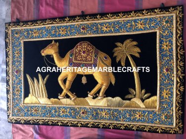 Indian Ethnic Wall Hanging Rug Floor Carpet Camel Panel Gold Strips Decor M120