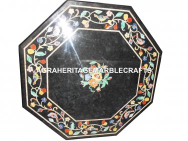 Black Marble Coffee Side Table Top Floral Inlay Furniture Mosaic Art Decor H2454