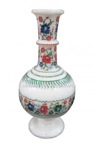 White Marble Flower Vase Jar Multi Gems Inlay Mosaic Marquetry Table Decor H1433
