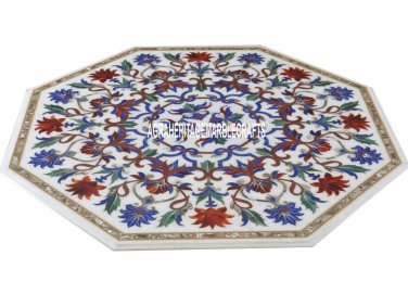 White Marble Top Dining Table Multi Art Pietradura Gems Inlay Garden Decor H3726