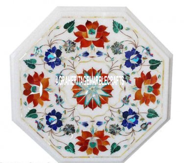 12" White Octagon Marble Top Table Marquetry Hakik Stone Inlay Art Patio Decor