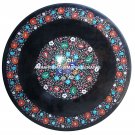 Black Marble Round Corner Coffee Table Top Coral Inlaid Mosaic Pietra Dura H2749