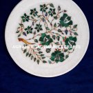 Round White Marble Dish Plate Malachite Collectible Inlay Decorative Arts H4083