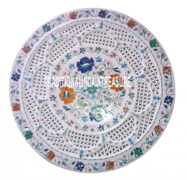 18" Marble Table Plate Rare Multi Stones Marquetry Inlay Grill Work Gifts