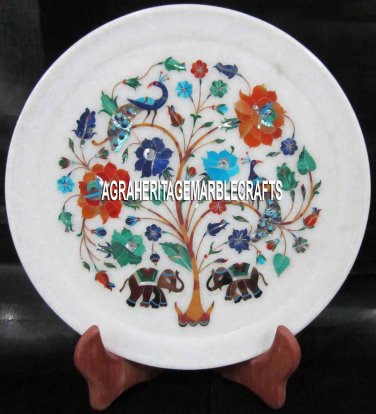 12'' White Marble Round Plate Marquetry Floral Work Inlay Restaurant Table Decor