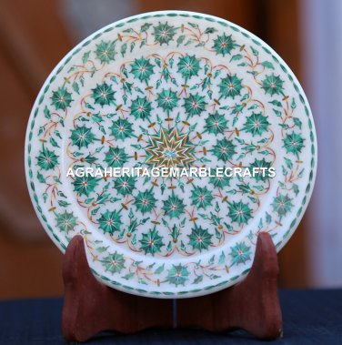 Antique White Marble Round Serving Plate Mosaic Malachite Inlay Marquetry H1953
