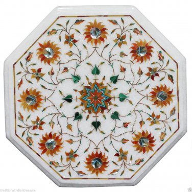 12" White Marble Coffee Table Top Hakik Stone Pietradure Inlay Eid Exclusive