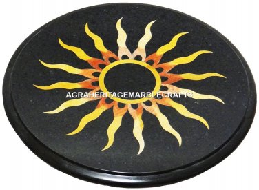 Black Marble Round Mosaic Coffee Top Table Hakik Inlay Marquetry Art Decor H3000