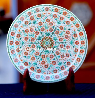 Antique White Marble Serving Plate Micro Mosaic Inlay Beautiful Art Decor H1949