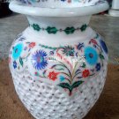 6" Marble White Pot Turquoise Lattice Art Inlay Floral Work Pietradure Art Decor