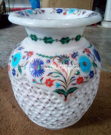 6" Marble White Pot Turquoise Lattice Art Inlay Floral Work Pietradure Art Decor