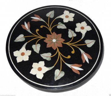 23.5" Black Round Marble Top Table Handmade Mosaic Home Marquetry Decorative Art