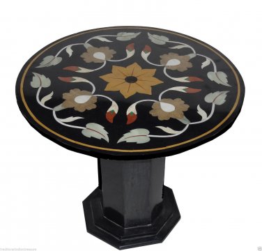 23" Black Round Marble Coffee Table Handmade  Marquetry Home Decor With Stand